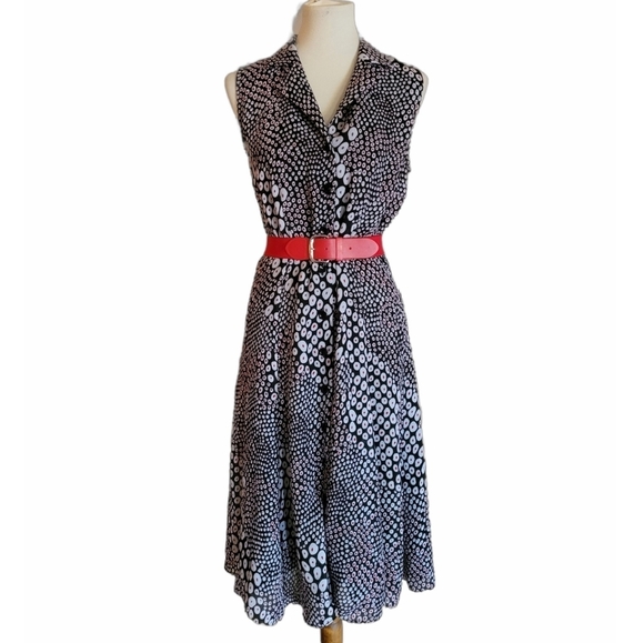 Vintage 80's Black Red and White Abstract Fluted Hem Midi Dress - Picture 2 of 7